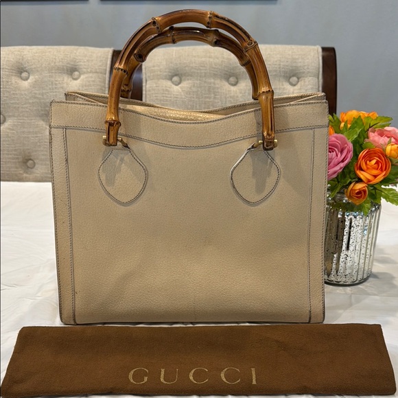 Gucci Handbags - Authentic Gucci Beige Leather Tote Bag with Bamboo Handles